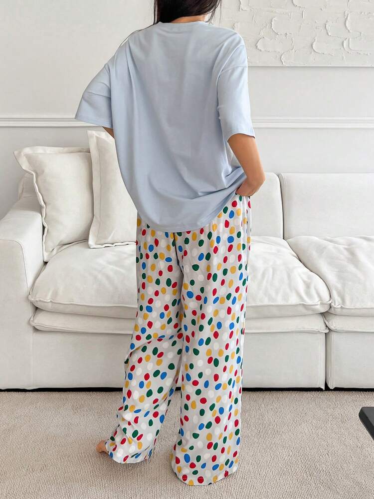 Cute Dog Graphic Print Loose T-Shirt Top & Polka Dot Full Print Pajama Pants 2 Pieces Sleepwear Set