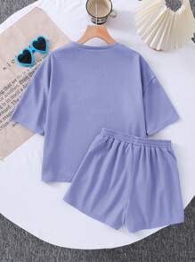 SHEIN LMoss Kids 2pcs/Set Young Girls Loose Knit Solid Crew Neck Top And Form-Fitting Knit Shorts Set