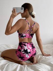 SHEIN Ensemble plage été 3 pièces pour femmes : Débardeur imprimé arbre de palme aléatoire, paréo transparent de couleur unie, slip de bikini de couleur unie. Élégant maillot de bain bikini - Multicolore - Voir 6