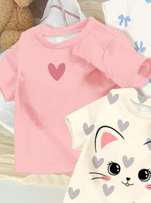 SHEIN Happikins 3-Pack Baby Girls Casual Cute Cat, Mini Heart, Blue Butterfly Print Round Neck Short Sleeve T-Shirts, Suitable For Spring/Summer - Multicolor - View 4