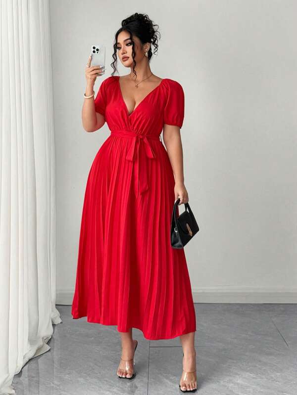 Elenzga Vestido evasé de talla grande de unicolor elegante con cuello en V y cintura plisada