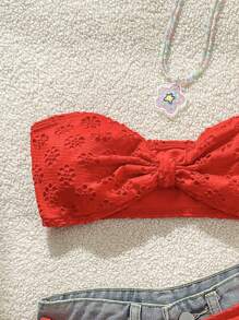 SHEIN Swim Bikini da donna monocolore con ricamo traforato, adatto per vacanze in spiaggia