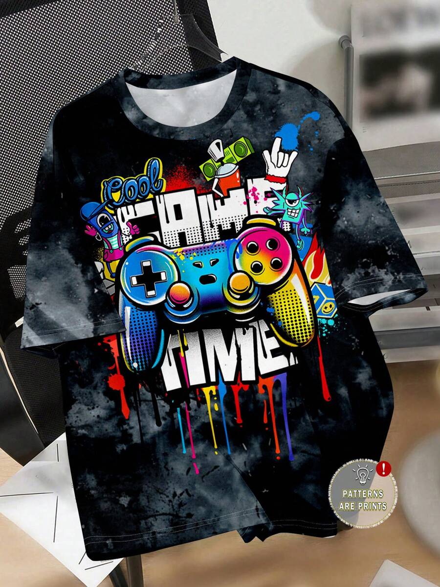 SHEIN Áo thun tay ngắn cổ tròn in hình hoạt hình nhuộm loang cho bé trai tuổi teen thích hợp cho ngày chơi game mùa hè - Nhiều màu - Xem 1