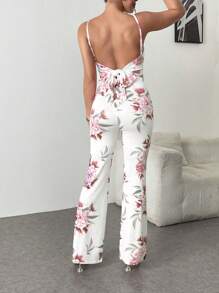 INAWLY 2 件套女士优雅花卉印花吊带背心上衣和裤子套装 - 粉色 - 查看 2