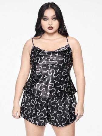 Dark Gothic Cross & Snake Pattern Satin Camisole Shorts Pajama Set