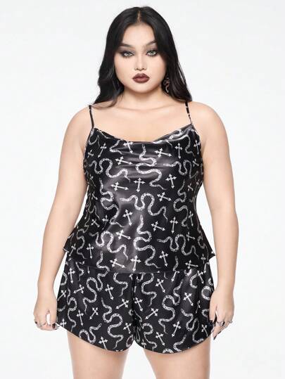 Dark Gothic Cross & Snake Pattern Satin Camisole Shorts Pajama Set