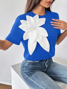 SHEIN Privé Camiseta feminina com estampa floral 3D azul manga curta - Azul Real - Ver 2