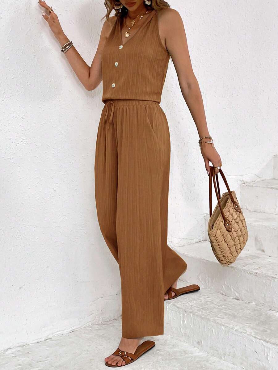 SHEIN Frenchy Set de 2 piezas de camisa sin mangas con cuello en V con botones y pantalones de unicolor para mujer - Caqui - Ver 1