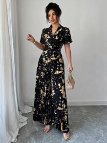 Elenzga 2 件套时尚通勤金箔面料裹身上衣和阔腿褶皱裤套装