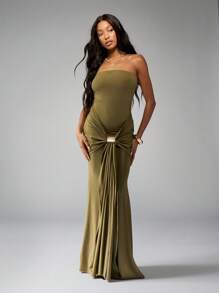 MISSGUIDED Váy Maxi Bandeau xếp nếp có điểm nhấn màu vàng Váy dạ hội dài chấm đất, trang trọng, có chi tiết nhún ở hông, Váy dự tiệc cho khách dự tiệc cưới vào dịp đặc biệt - xanh quân đội - Xem 3