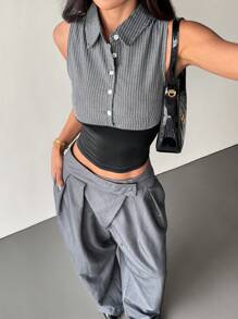 SHEIN Essnce Áo sơ mi kẻ sọc cổ bẻ cài nút phía trước cho nữ - Nhiều màu - Xem 7