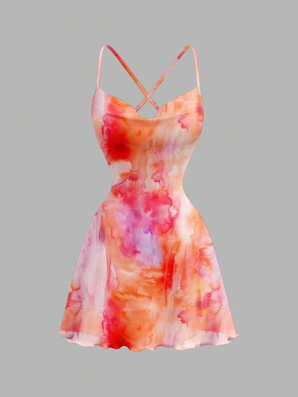SHEIN MOD Casual Minimalist Women's Full Print V-Neck Camisole Mini Dress