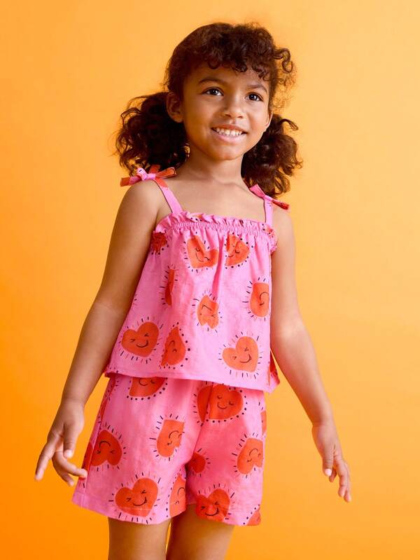THE HAPPY LOOK Young Girls Cute Smiling Face & Heart Print Tank Top And Shorts Set, Summer