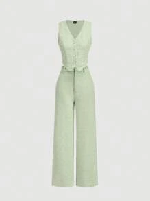 SHEIN MOD 绿色西装背心上衣，直筒裤女士优雅秋冬套装 - 綠色 - 查看 1