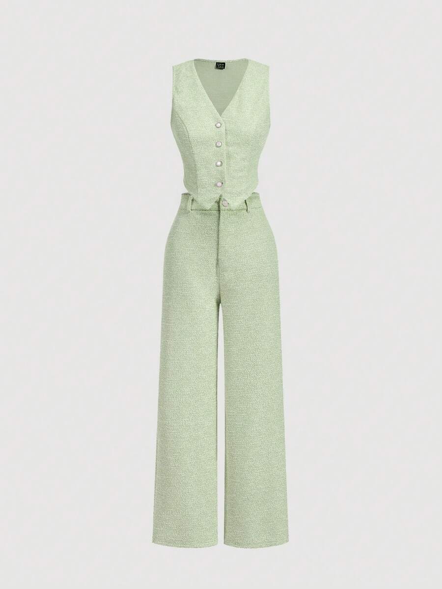 SHEIN MOD 绿色西装背心上衣，直筒裤女士优雅秋冬套装 - 綠色 - 查看 1