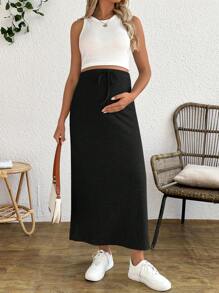 SHEIN Maternity Adjustable Waist Drawstring Tank Top And Fitted Skirt 2 Pieces Set - Black - View 5