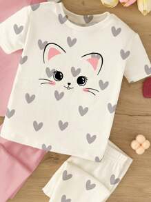 SHEIN Set de 2 piezas de camiseta de manga corta y leggings casual minimalista para bebé niña con estampado de corazón y gato, un conjunto de ropa interior cómoda