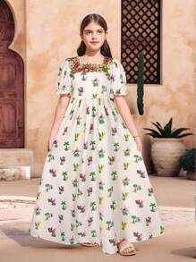 SHEIN Tween 女童节日优雅方领蕾丝边泡泡袖 A 字中长连衣裙