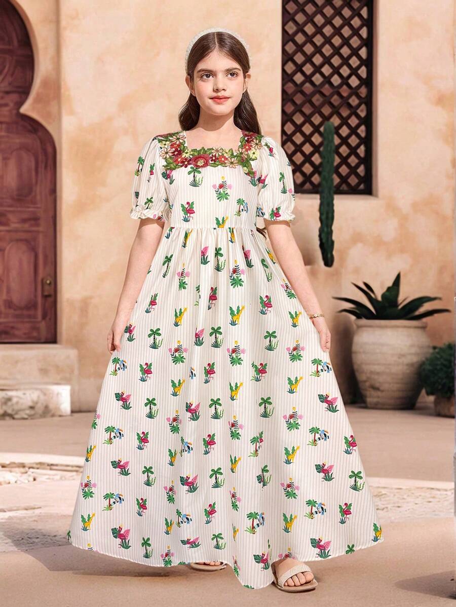 SHEIN Tween 女童节日优雅方领蕾丝边泡泡袖 A 字中长连衣裙