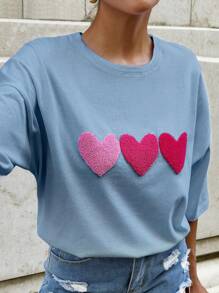 SHEIN Cottnline T-SHIRT OVERSIZE BLANC 100% COTON AVEC DÉTAIL DE BRODERIE EN FORME DE CŒUR - Bleu ciel - Voir 2