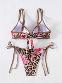 Swim Vcay 1 Set Bikini acolchado de mujer con estampado aleatorio de flor de lirio y estampado de leopardo, traje de baño sexy para playa, versátil para isla, playa, fiesta en la piscina, verano