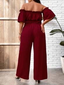 Breezaya 2pcs/Set Plus Size Casual Solid Color Shoulder Top And Long Pants - Burgundy - View 2