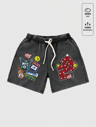 Prep Shorts informales para hombre, tipo vintage lavado con estampado, estilo urbano