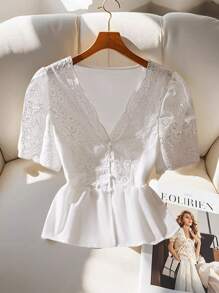 Chiquease Waist-Cinched V-Neck Plain Embroidered Beige Short Sleeve Women Blouse, Spring/Summer