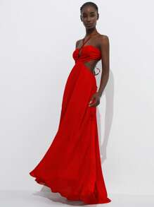 Aveloria Modichic Abito in chiffon rosso con schienale scoperto e senza maniche