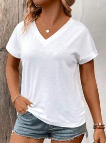 INAWLY Plus Size Women Casual V-Neck Short Sleeve Patchwork Cuff T-Shirt, Versatile Style For Spring And Summer - White - View 5