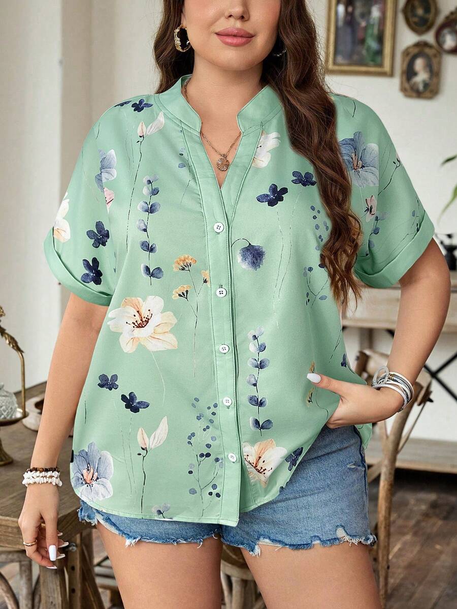 SHEIN LUNE 大码女式花卉印花短袖衬衫，夏季