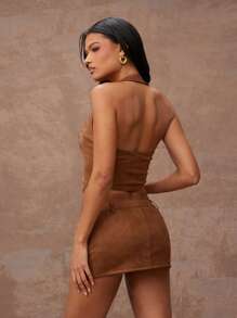 Hauture Women's Halter Neck Front Lace-Up Pointed Hem Mocha Tank Top With Beige Embroidery - Brown - View 2