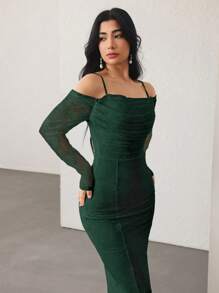 Modelyn Abito elegante da donna con scollo a draped, spalline sottili e maniche lunghe in pizzo, adatto per uscite serali e feste