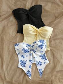 Soleia 女士度假蓝色碎花、浅黄色纹理、白色抹胸多件装、Rave 上衣、抹胸 - 彩色 - 查看 8