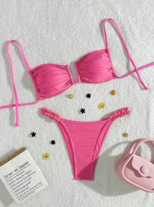 Swim Vcay Women's Spring/Summer Beach Sexy Open Mouth Steel Bra Halter Lace Thong Bikini Set - Hot Pink - View 1