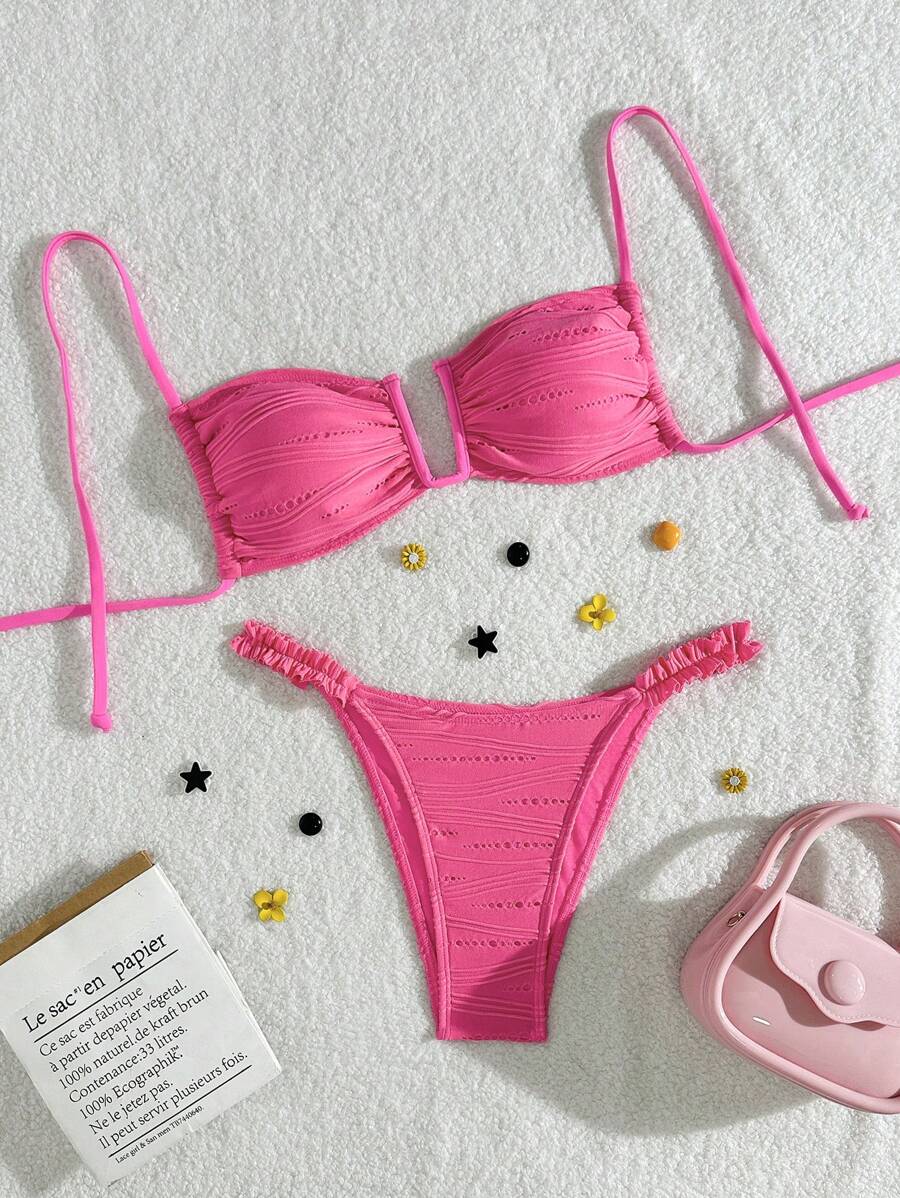 Swim Vcay Women's Spring/Summer Beach Sexy Open Mouth Steel Bra Halter Lace Thong Bikini Set - Hot Pink - View 1