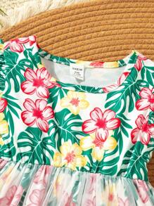 SHEIN Baby Girl Vacation Casual All-Over Print Mesh Patchwork Dress - Multicolor - View 8