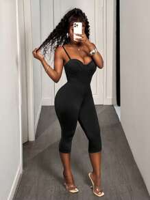 BamGleam Casual Black Slim Fitting Jumpsuit Unitards With Underwire Bust Cup,Spring/Summer Clothes For Women,Y2k Unitard,Fashion Sexy Backless Spaghetti Strap Jumpsuit Leggings,Solid Color Sleeveless Seamless High Elastic Tight Cami Jumpsuits,Party/Club/Night Out/Rave Festival Clothes,Going Out Daily Wear - Black - View 5