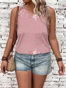 EMERY ROSE Casual Minimalist Resort Floral Ombre Print Plus Size Camisole & Tank Top, Suitable For Summer