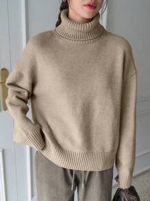 DAZY Turtleneck Drop Shoulder Sleeve Sweater,Long Sleeve Tops,Fall Women Clothes - Khaki - View 4