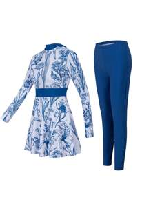 Swim Mulvari 2pcs/Set Women Beach Summer Outfit, Plant & Floral Print High Neck Long Sleeve Hoodie Top And Dress, Modest Vacation Swimwear - Blue and White - View 4