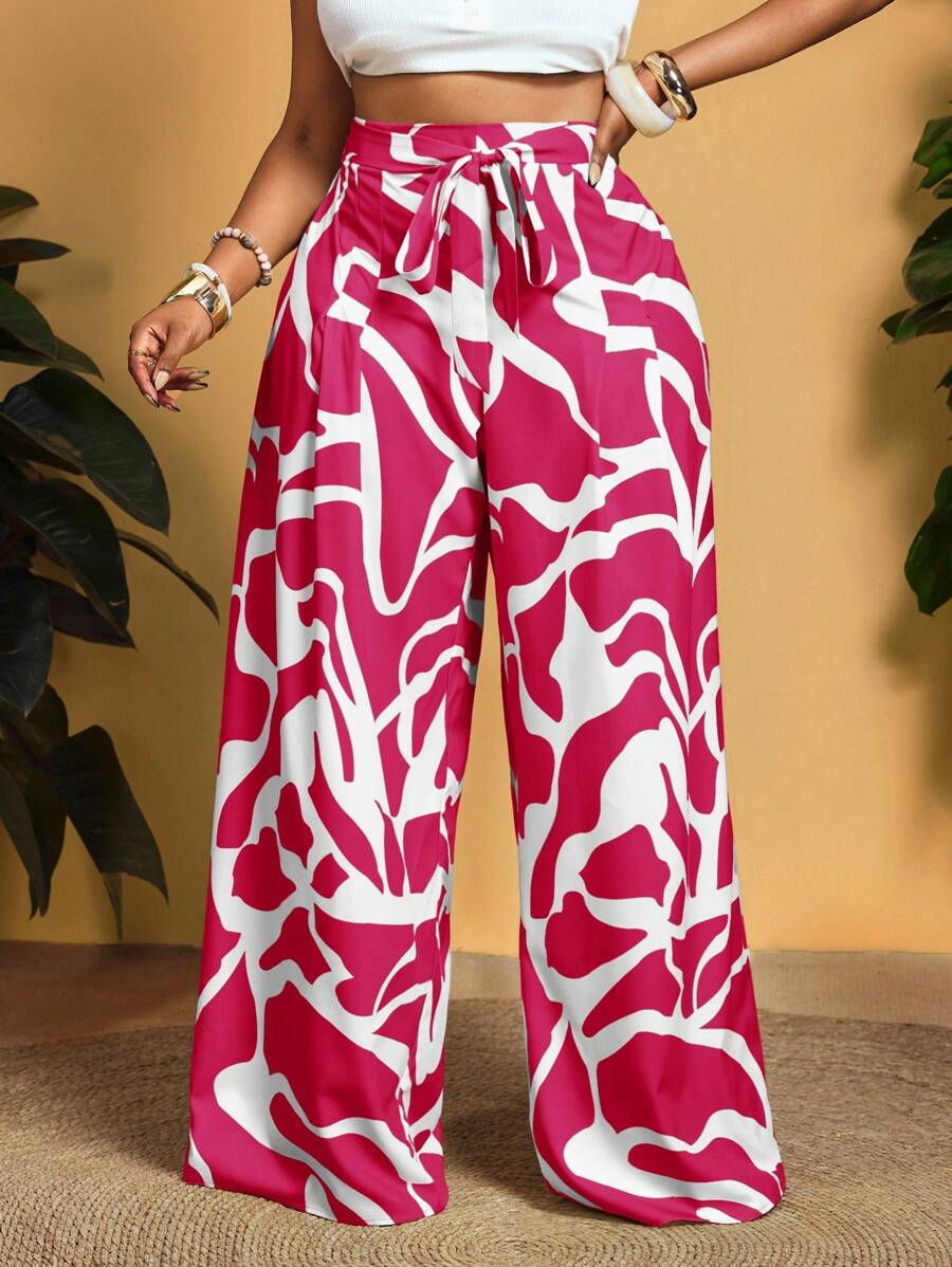 Slaydiva 大码假日休闲印花阔腿裤 - 玫紅色 - 查看 1