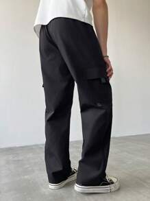 Claim Dot 男式纯色抽绳腰部工装口袋休闲裤 - 黑色 - 查看 5