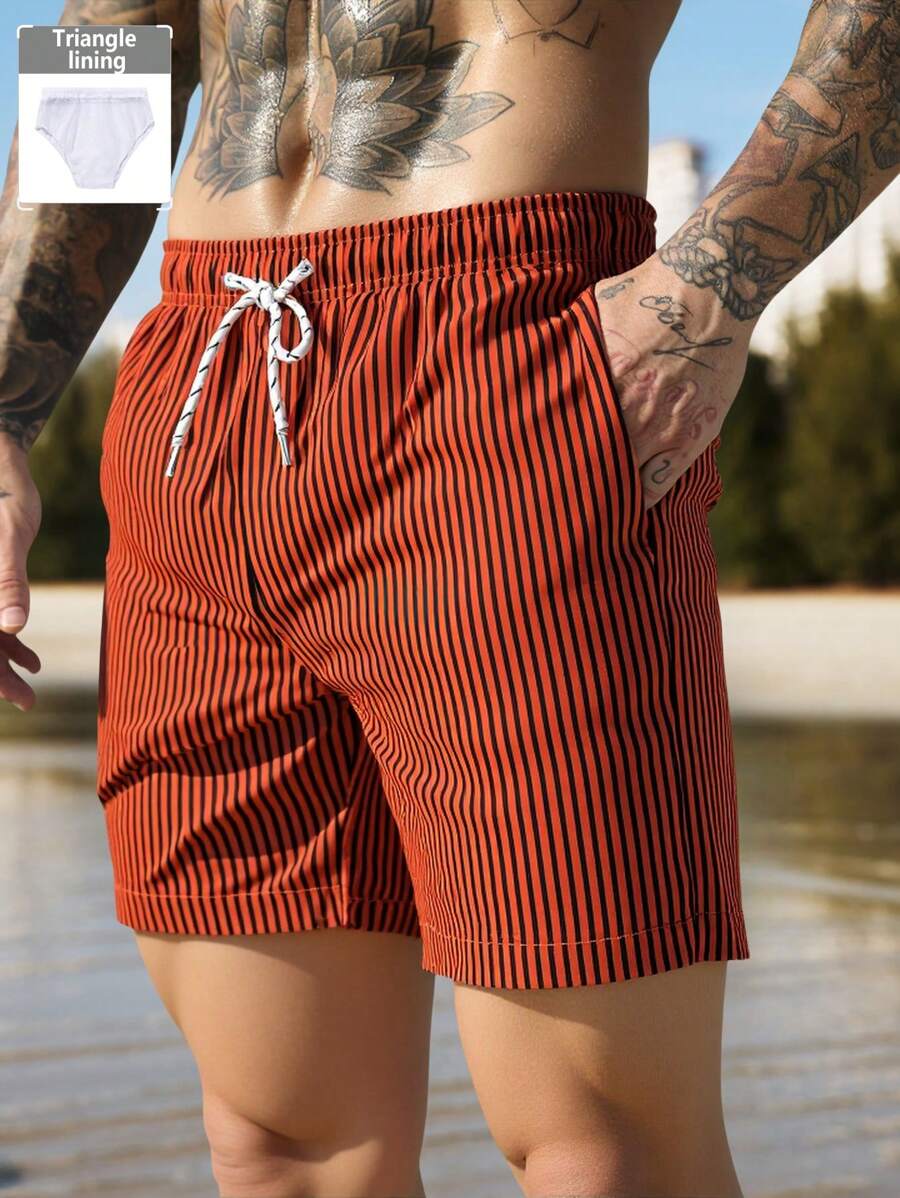 Manfinity Swimmode Men's Striped Drawstring Waist Casual Beach Shorts - Red - View 1