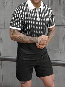 Manfinity CasualCool Men's Summer Casual Vacation Black And White Geometric Print Contrast Zipper Polo Shirt Collar And Solid Color Shorts Set Outfits Husband Gifts - Black and White - View 4