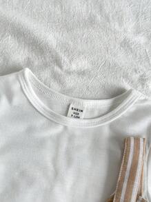 Vintaside Kids Conjunto casual de bebé niño con camiseta de manga corta de cuello redondo de unicolor y peto a rayas - Multicolor - Ver 6