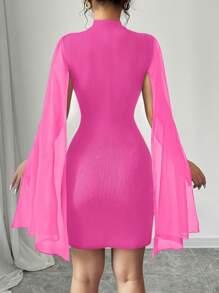 SHEIN PETITE Women's Stand Collar Chiffon Cape Mini Bodycon Dress - Hot Pink - View 2