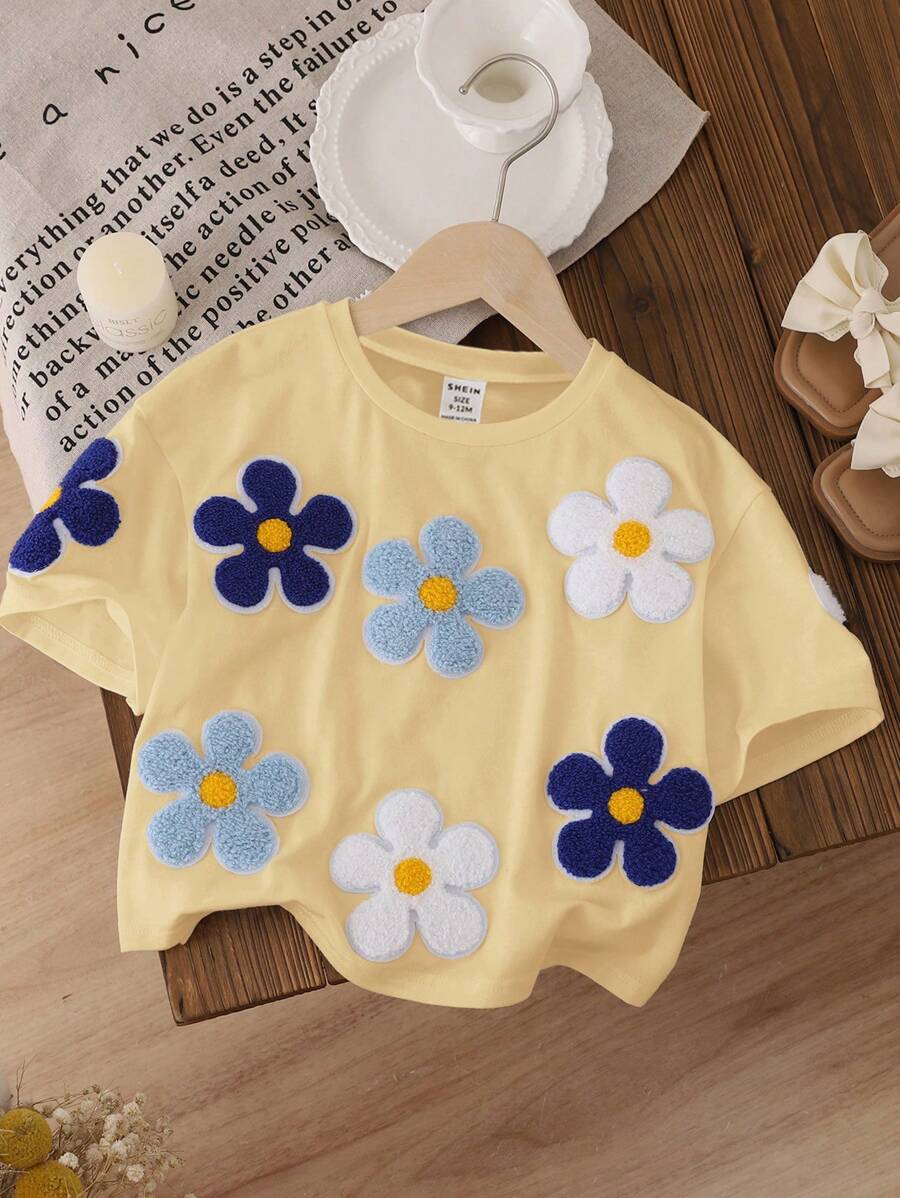 SHEIN Leap Crew 女婴休闲花卉贴花短袖 T 恤，夏季