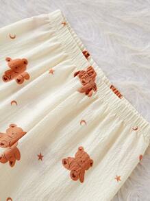2pcs Young Girls Cute Bear Print Short Sleeve Top & Pants Loungewear Set, Casual & Comfy, Loose Fit
