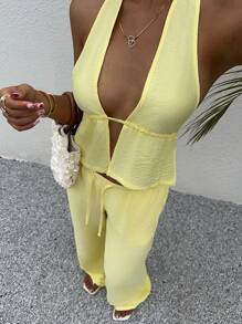 Sunnyshic Set da 2 pezzi: Crop top in lino giallo con scollo a V profondo e schienale aperto e pantaloni larghi a vita bassa con laccetti, casual, sexy ed elegante, outfit da spiaggia e vacanza estiva per donne